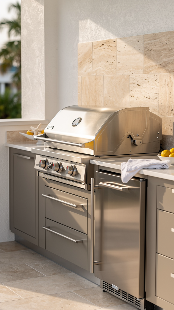 Close detail of premium outdoor kitchen grill station with stainless steel appliances and travertine tile in Destin Florida