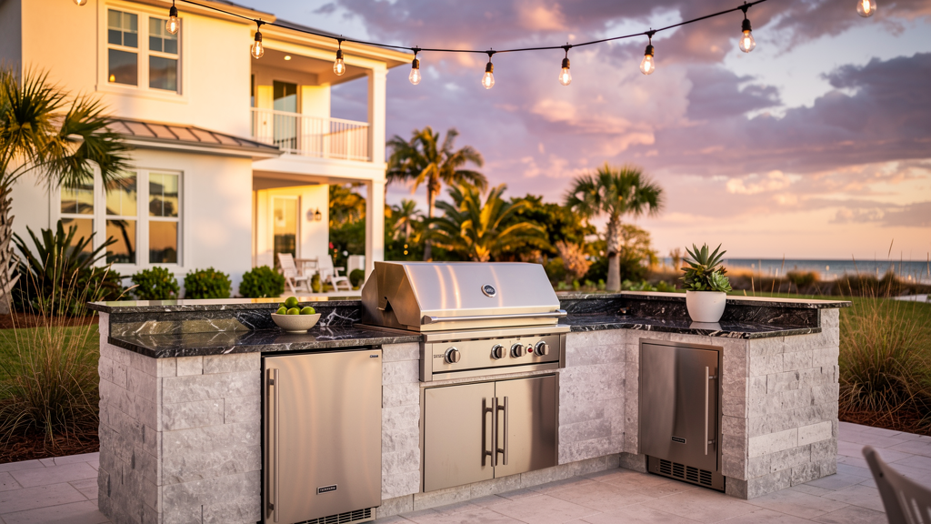 Luxury outdoor kitchen on a Destin Florida vacation rental property at golden hour with Gulf Coast evening light