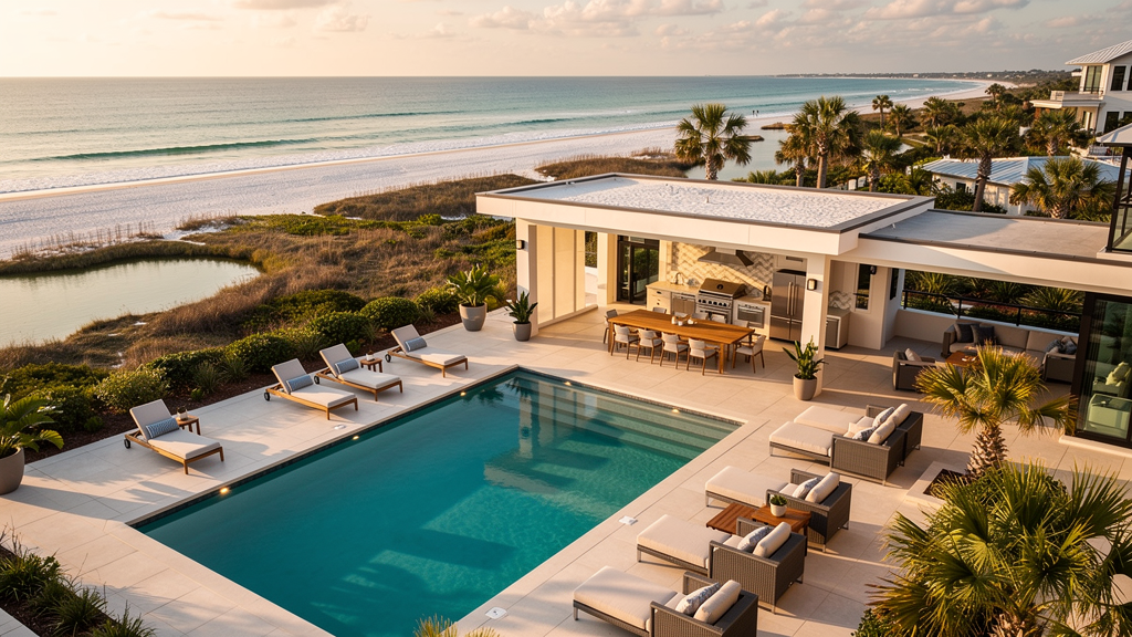 Aerial view of luxury vacation rental property on Scenic Highway 30A Florida with outdoor living space and Gulf of Mexico